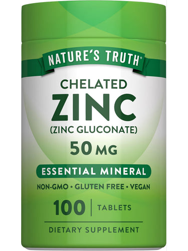 Nature's Truth Chelated Zinc (Zinc Gluconate) 50 mg, Essential Mineral, Non-GMO, Gluten Free, Vegan, 100 Tablets Dietary Supplement.