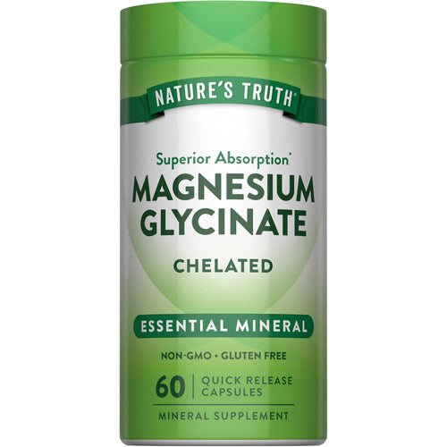 Magnesium Glycinate capsules offering superior absorption; non-GMO, gluten-free, 60 quick-release capsules in a bottle.