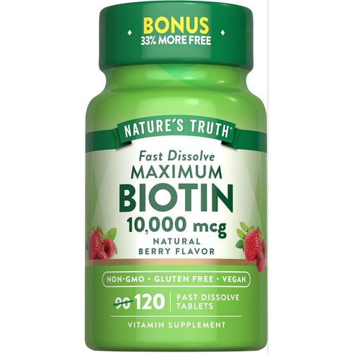 Nature's Truth Maximum Biotin 10,000 mcg, Natural Berry Flavor Fast Dissolve Tablets, 120 count, with 33% more free.
