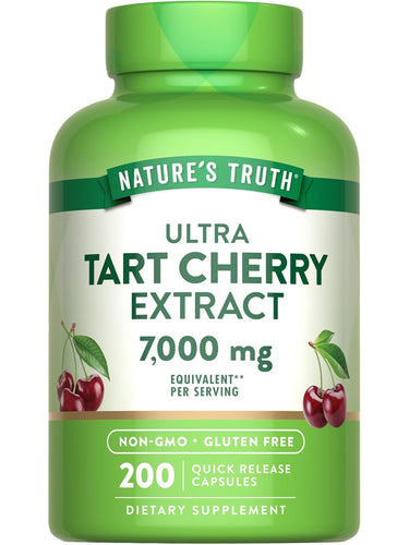 Nature's Truth Ultra Tart Cherry Extract with 7,000 mg equivalent per serving, contains 200 quick-release capsules.