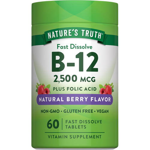 B-12 2,500 mcg Plus Folic Acid in natural berry flavor, 60 fast dissolve tablets. Non-GMO, gluten-free, and vegan.