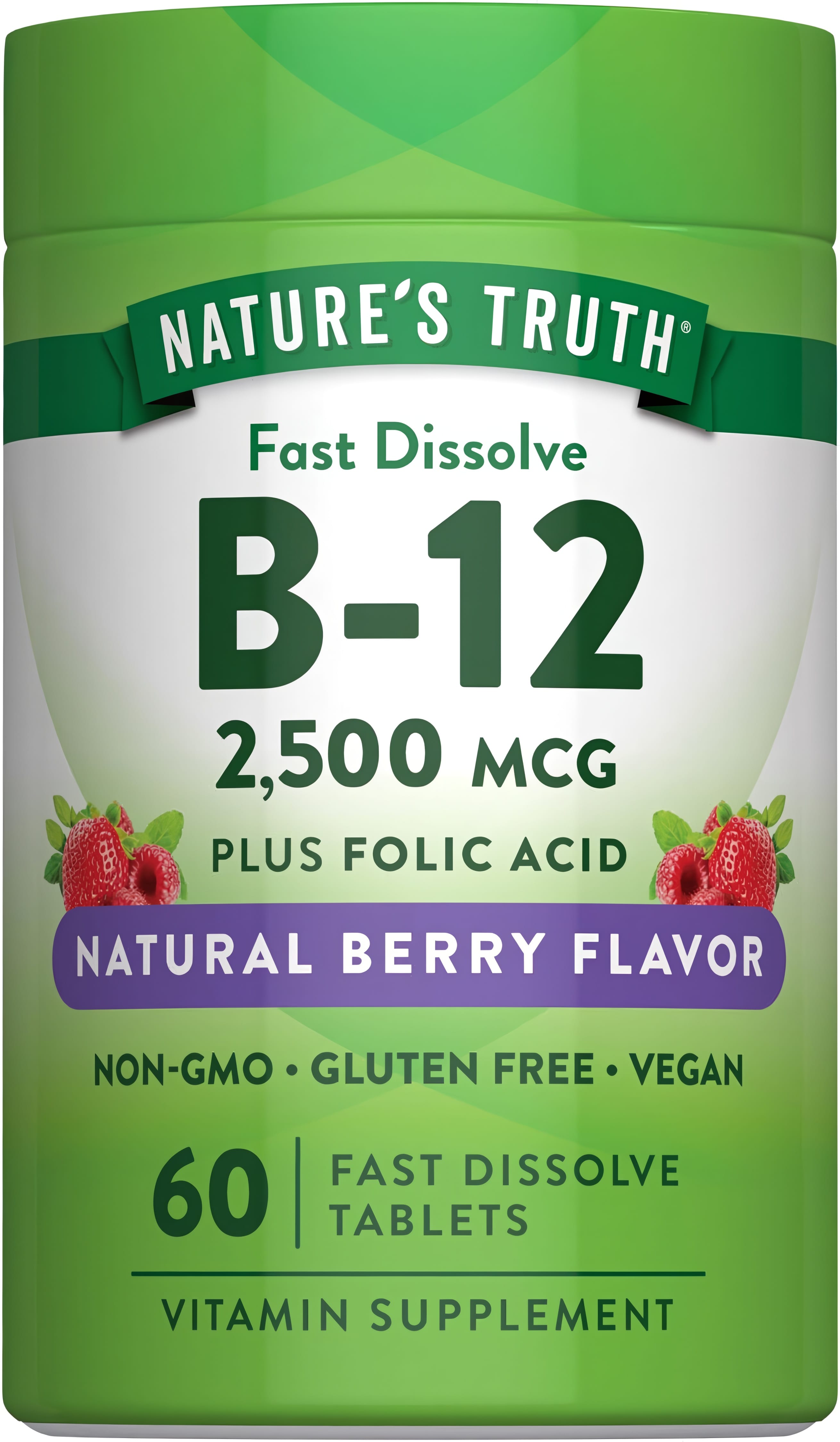 B-12 2,500 mcg Plus Folic Acid in natural berry flavor, 60 fast dissolve tablets. Non-GMO, gluten-free, and vegan.