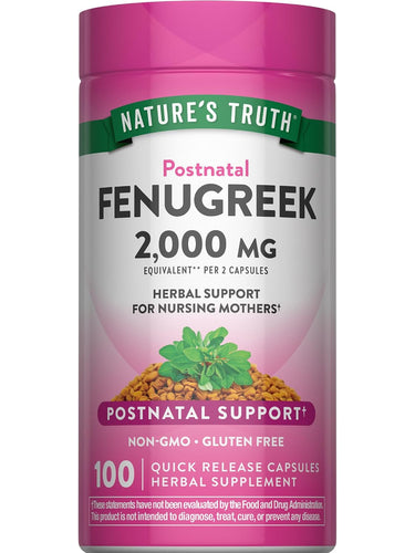 Postnatal Fenugreek herbal supplement with 2,000 MG equivalent per 2 capsules, 100 quick release capsules.