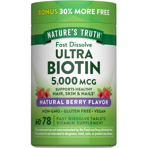 Nature's Truth Ultra Biotin 5,000 MCG with 78 fast dissolve tablets, plus 30% more free in natural berry flavor.