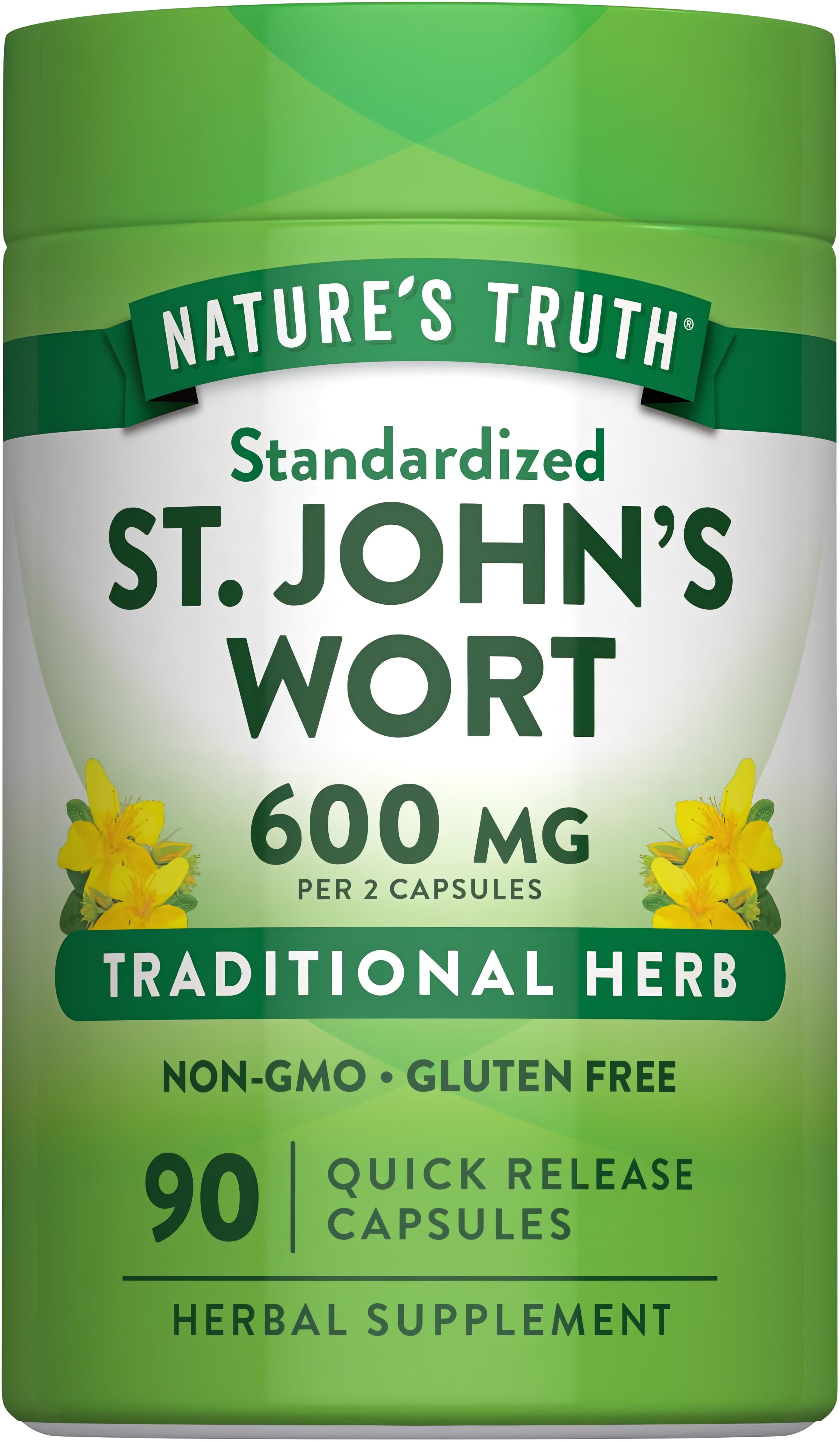 St. John's Wort capsules, 600 mg per 2 capsules, 90 count. Traditional herb, non-GMO, gluten-free, quick release formulation.
