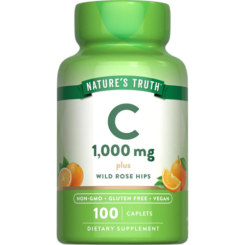 C 1,000 mg with Wild Rose Hips, 100 Caplets, a non-GMO, gluten-free, vegan dietary supplement.