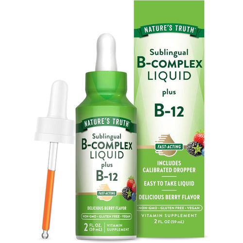 Sublingual B-Complex + B-12 Liquid, 2 FL. OZ. (59 mL), fast-acting, delicious berry flavor, Non-GMO, gluten-free, and vegan.