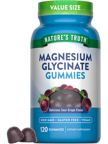 Magnesium Glycinate Gummies in sour grape flavor, 120 count. A non-GMO, gluten-free, vegan dietary supplement.