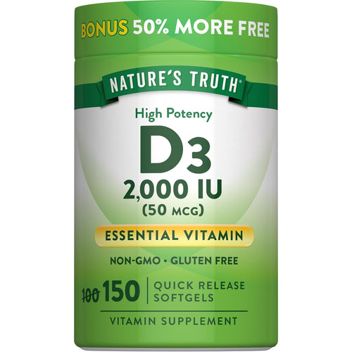 D3 2,000 IU (50 mcg) 150 Quick Release Softgels offer 50% more, are Non-GMO, Gluten Free, and an essential vitamin.
