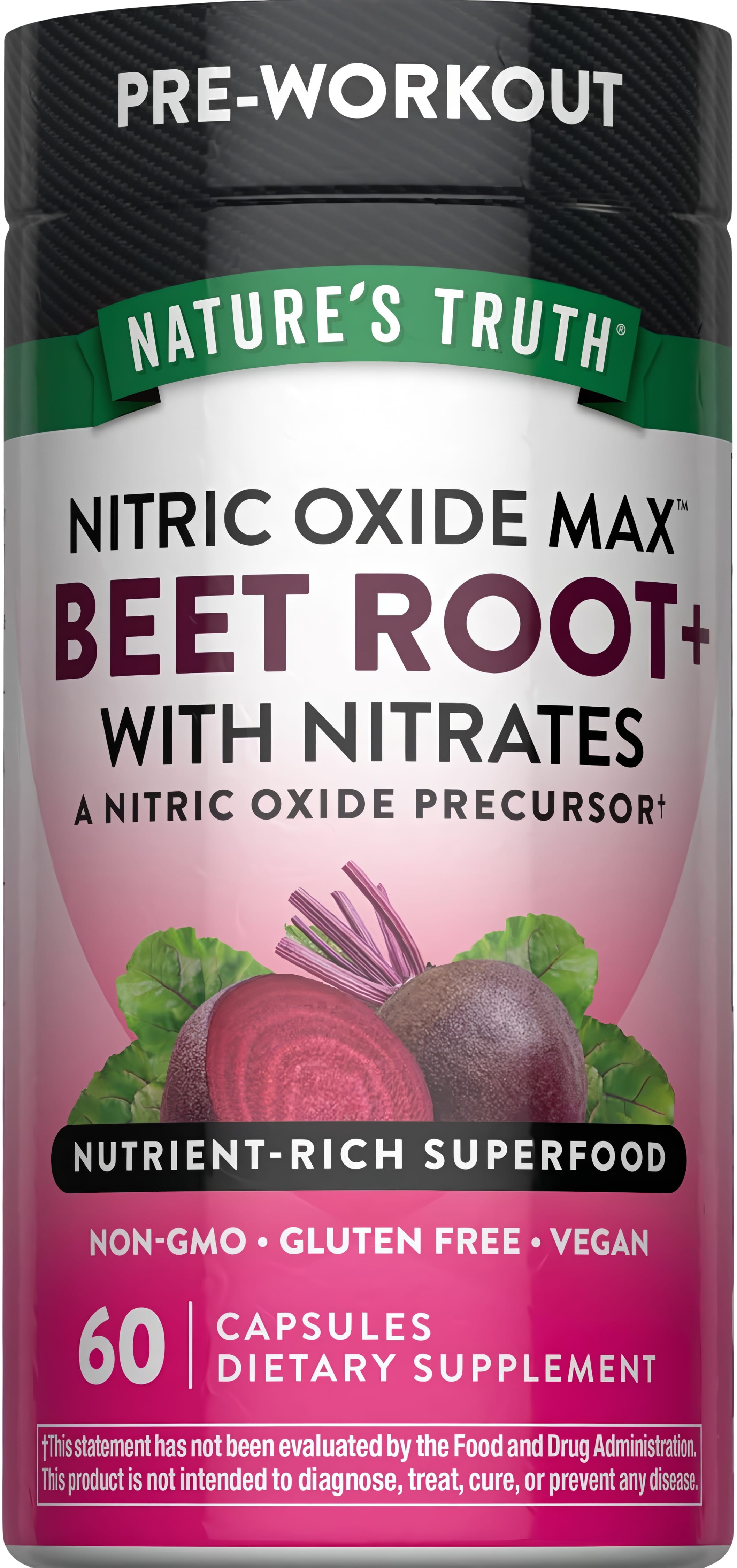 Pre-Workout Nitric Oxide Max Beet Root supplement with nitrates in 60 capsules.