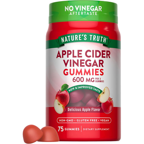 Apple Cider Vinegar Gummies with 600 mg per 3 gummies, 75 count. Non-GMO, gluten-free, and vegan.