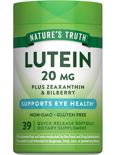 Lutein 20 mg Plus Zeaxanthin & Bilberry, 39 Quick Release Softgels, Non-GMO and Gluten Free Dietary Supplement.