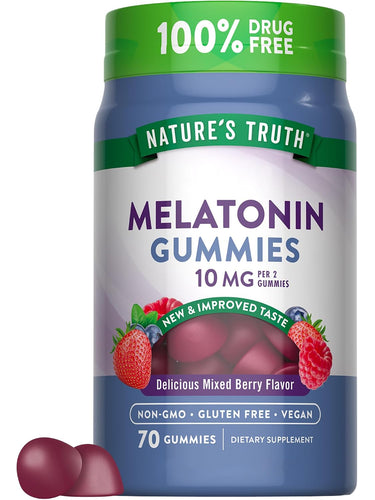 Melatonin Gummies: 10mg per 2 gummies, Mixed Berry Flavor, 70 count. Non-GMO, Gluten Free, Vegan, 100% Drug Free.