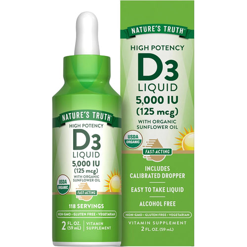 Nature's Truth High Potency D3 Liquid 5,000 IU with Organic Sunflower Oil, 2 fl. oz. bottle.
