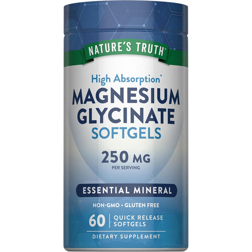 High Absorption Magnesium Glycinate, 250 MG, Essential Mineral, 60 Quick Release Softgels per serving.