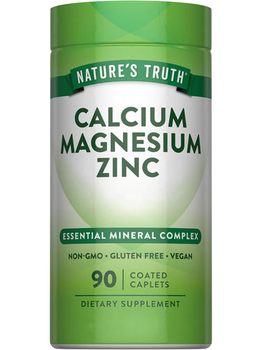 A bottle of Calcium Magnesium Zinc with 90 coated caplets, offering essential minerals for bone and immune system support.