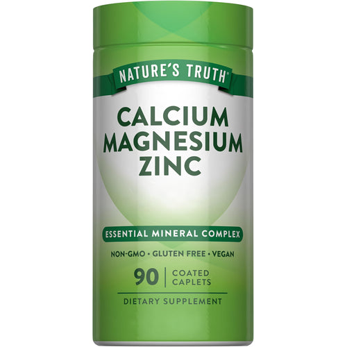 A bottle of Calcium Magnesium Zinc with 90 coated caplets, offering essential minerals for bone and immune system support.
