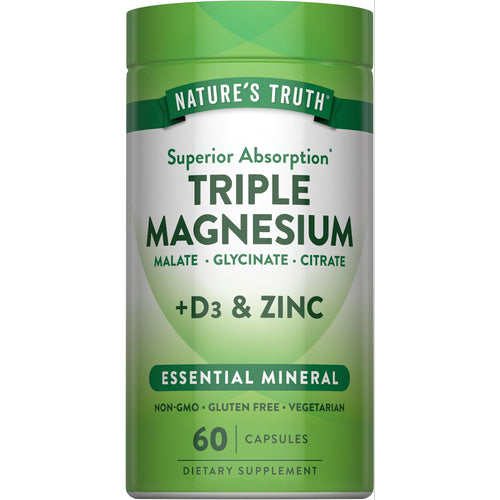 Nature's Truth Triple Magnesium with D3 and Zinc, 60 capsules, displayed in a bottle, enhances wellness with essential nutrients.