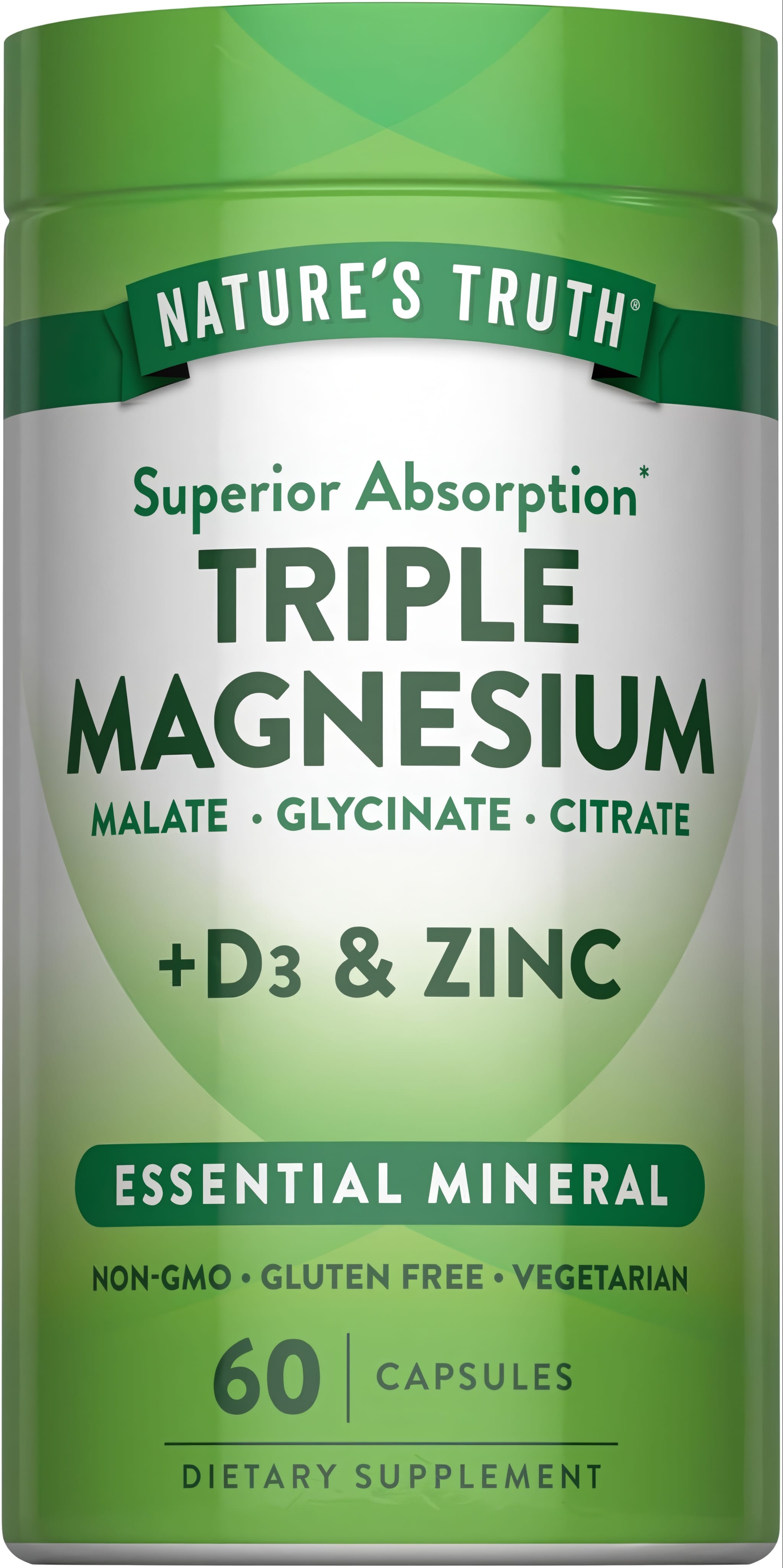Nature's Truth Triple Magnesium with D3 and Zinc, 60 capsules, displayed in a bottle, enhances wellness with essential nutrients.