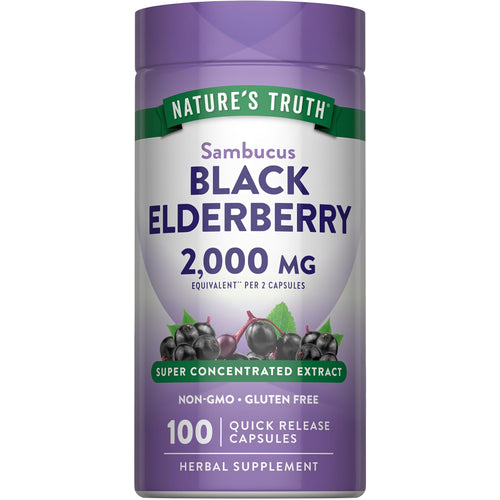 Sambucus Black Elderberry, 2,000 MG per 2 capsules, 100 quick release, non-GMO, gluten-free dietary supplement.