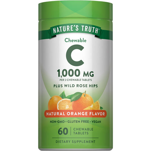 Nature's Truth Chewable C 1,000 mg with Wild Rose Hips, Natural Orange Flavor, 60 Chewable Tablets in bottle.