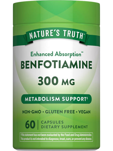 Benfotiamine 300 MG supplement with enhanced absorption, offering 60 capsules for dietary health support.