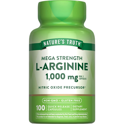 L-Arginine Mega Strength 1,000 mg per 2 Quick Release Capsules, 100 count, Non-GMO, Gluten Free Dietary Supplement.