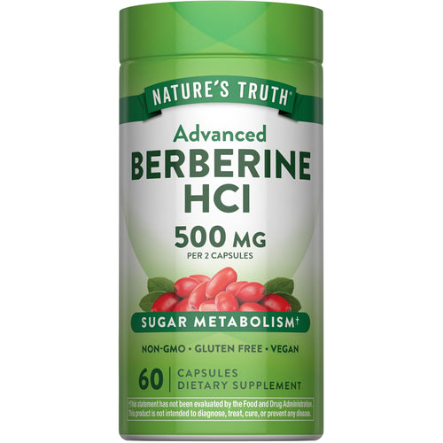 Nature's Truth Advanced Berberine HCl 500 MG per 2 capsules; 60 Capsules for Sugar Metabolism; Non-GMO, Gluten Free, Vegan.