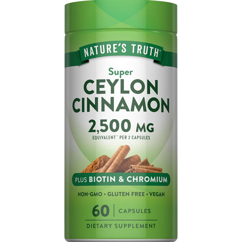 Super Ceylon Cinnamon 2,500 MG per 2 capsules, plus Biotin & Chromium, 60 Capsules. Non-GMO, Gluten Free, Vegan.