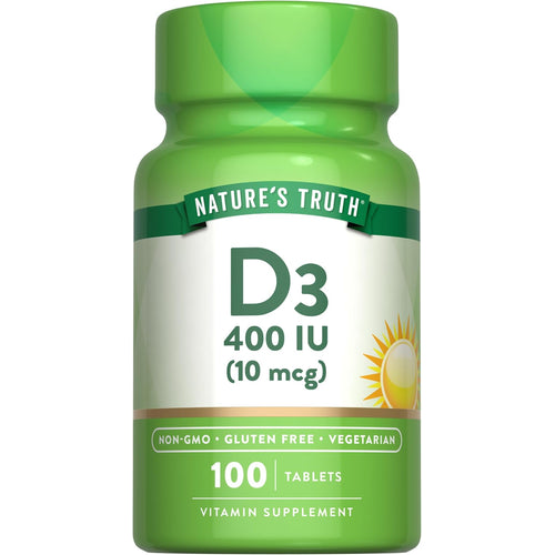 Nature's Truth D3 400 IU (10 mcg) 100 Tablets Vitamin Supplement, non-GMO, gluten-free, vegetarian.