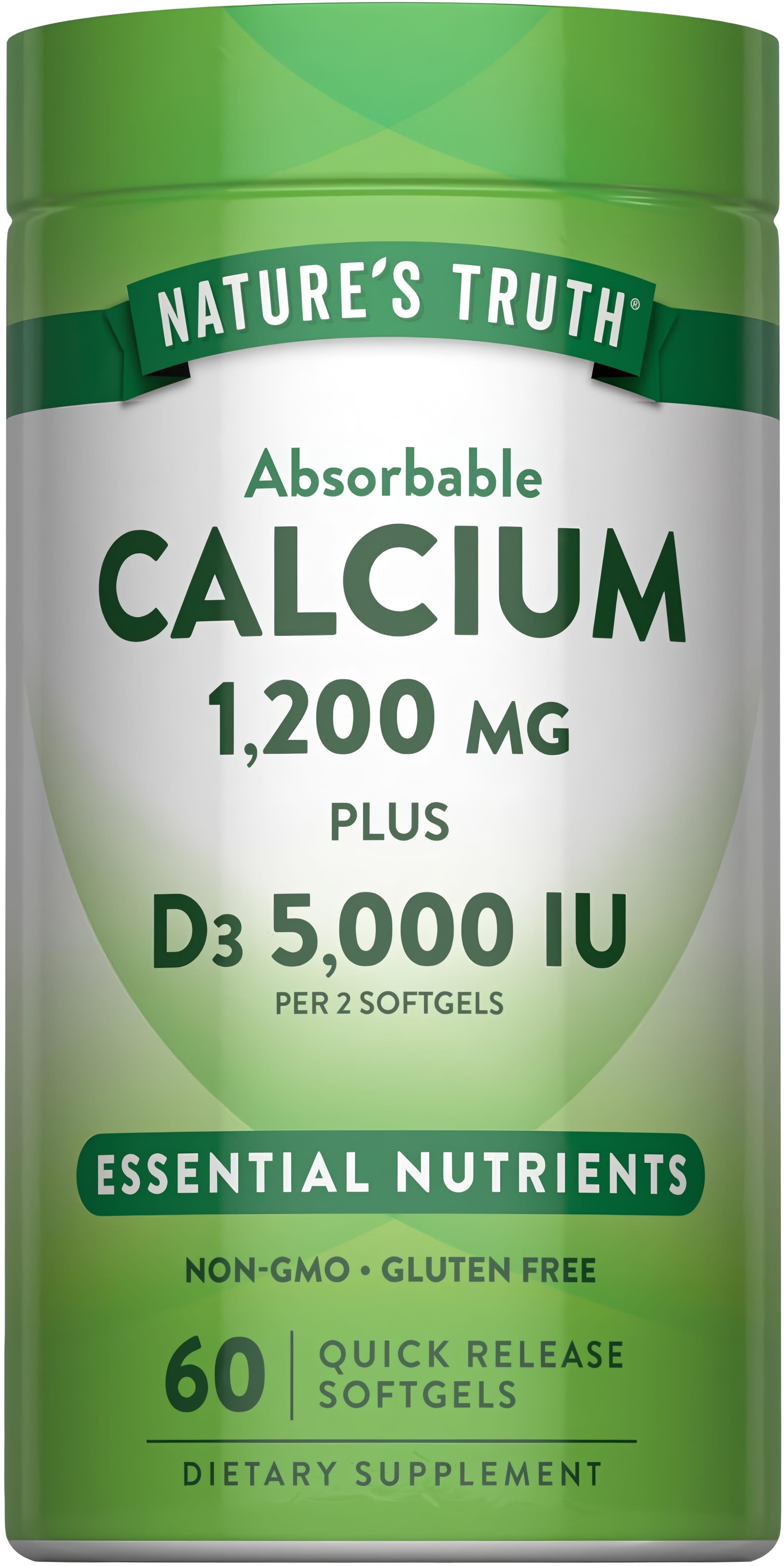 Nature's Truth Calcium 1200 mg plus D3 5000 IU, 60 Quick Release Softgels.