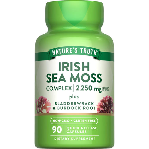 Irish Sea Moss supplement with 2,250 mg equivalent, includes Bladderwrack and Burdock Root, 90 quick-release capsules.
