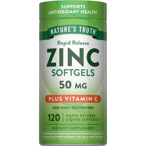 Nature's Truth Rapid Release Zinc Softgels, 50 MG with Vitamin C, 120 liquid softgels for quick release.