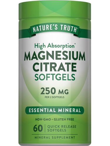 Magnesium Citrate Softgels, High Absorption, 250 MG per 2 Softgels, Non-GMO, Gluten Free, 60 Quick Release Softgels.