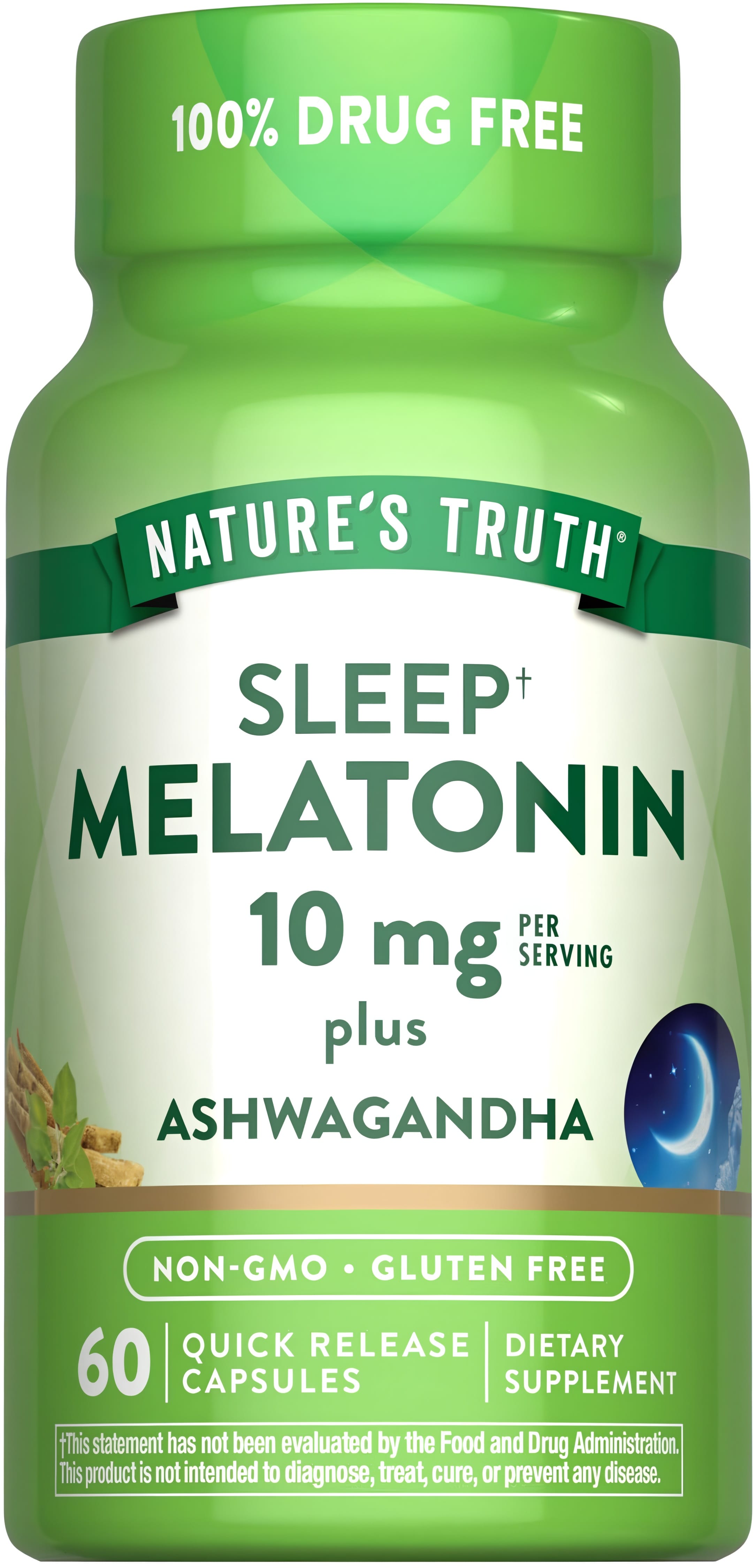 Nature's Truth Sleep Melatonin 10 mg plus Ashwagandha, 60 Quick Release Capsules, supplement bottle.