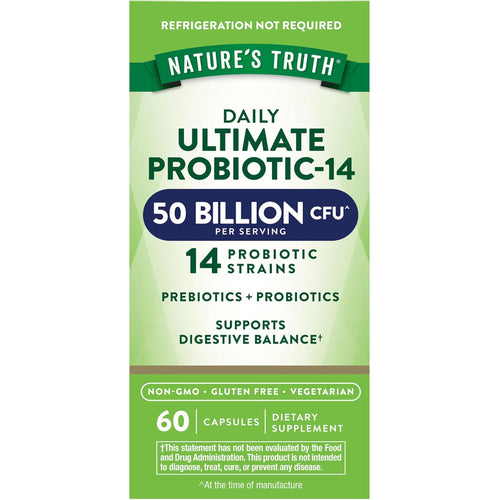 Nature's Truth Daily Ultimate Probiotic-14 with 50 Billion CFU, 60 Capsules. Non-GMO, Gluten Free, Vegetarian friendly.