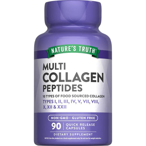 Collagen capsules containing 10 types, non-GMO, gluten-free, 90 quick-release capsules for easy consumption.