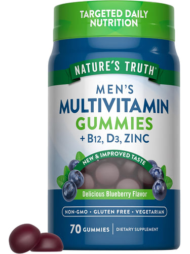 Nature's Truth Men's Multivitamin Gummies offer B12, D3, and zinc in 70 blueberry-flavored gummies. Non-GMO, gluten-free, vegetarian.