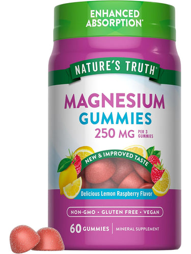 Magnesium Gummies with 250 MG per 3 gummies in Lemon Raspberry flavor. Includes 60 gummies that are non-GMO, gluten free, and vegan.