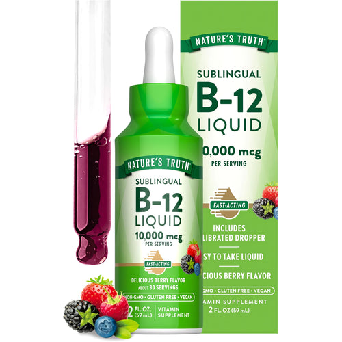 Nature's Truth Sublingual B-12 Liquid, 10,000 mcg, 2 FL. OZ., berry flavor, shown with dropper and berries.