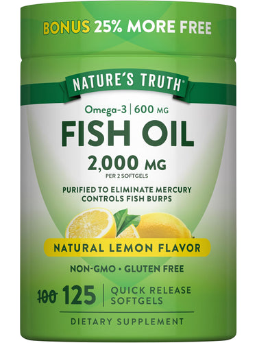 Fish Oil, 2000 mg (2 softgels), 600 mg Omega-3, Lemon Flavor, 125 Quick Release Softgels, Non-GMO, Gluten Free.