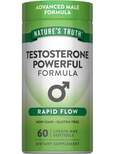 Bottle of Testosterone Powerful Formula, Advanced Male Formula, Rapid Flow, Non-GMO, Gluten Free, 60 Liquid Max Softgels.