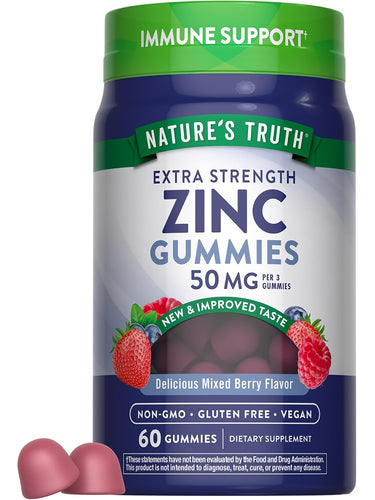 Nature's Truth Extra Strength Zinc Gummies, 50 mg per 3, Mixed Berry, 60 count. Non-GMO, Gluten-Free, Vegan. Immune Support.