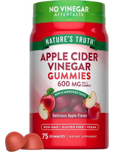 Apple Cider Vinegar Gummies, 600 mg/3 gummies, 75 ct. Delicious Apple Flavor, No Vinegar Aftertaste, Non-GMO, Gluten Free, Vegan.