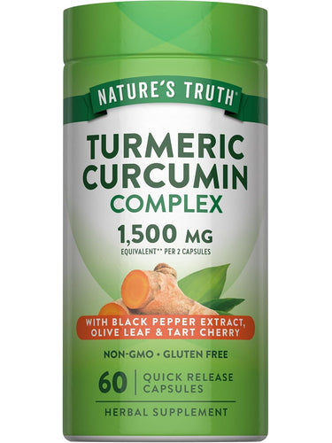 Turmeric Curcumin Complex 1,500 mg with Black Pepper Extract, Olive Leaf & Tart Cherry, 60 Quick Release Capsules.