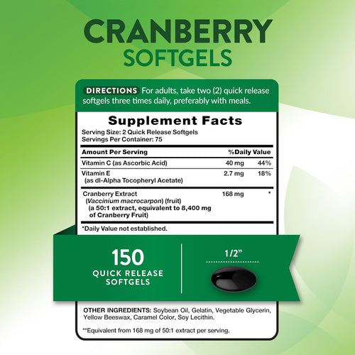 Cranberry 8400mg with Vitamin C, 150 Quick Release Softgels. Shows a single 1/2 inch black softgel.