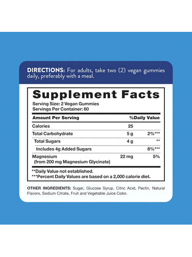 Supplement Facts panel showing details for Magnesium Glycinate 120 Gummies.