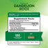 Image of the Supplement Facts panel for Dandelion Root, showing 1800 mg per serving, with 100 capsules available in the bottle.