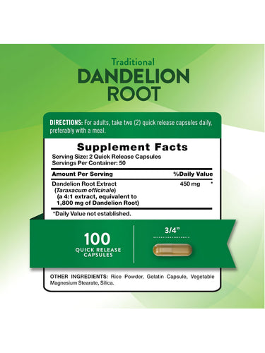 Image of the Supplement Facts panel for Dandelion Root, showing 1800 mg per serving, with 100 capsules available in the bottle.