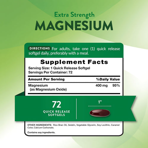 Supplement Facts display for Magnesium 400 mg in a bottle of 60+12 softgels.
